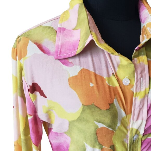 With Jean Pink Green Yellow Orange Floral Long Sleeve Button Front Collar Dress - Picture 12 of 16